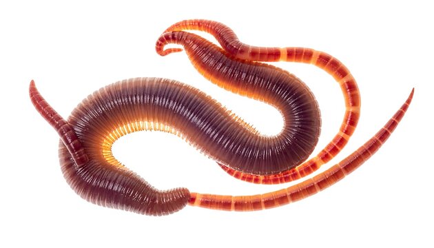 A detailed image of a segmented, reddish-brown worm with lighter orange segments, curled up in a wavy pattern