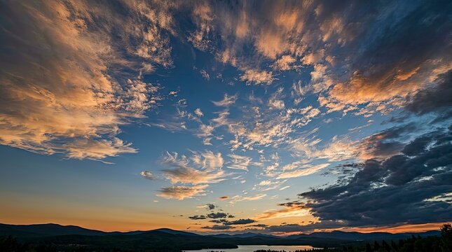 Serene mountain lake sunset with vibrant orange and blue sky