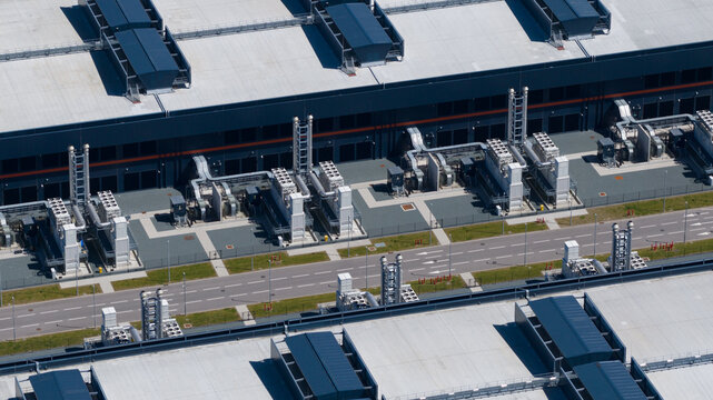 Aerial view of dutch hyperscale datacenter cooling systems