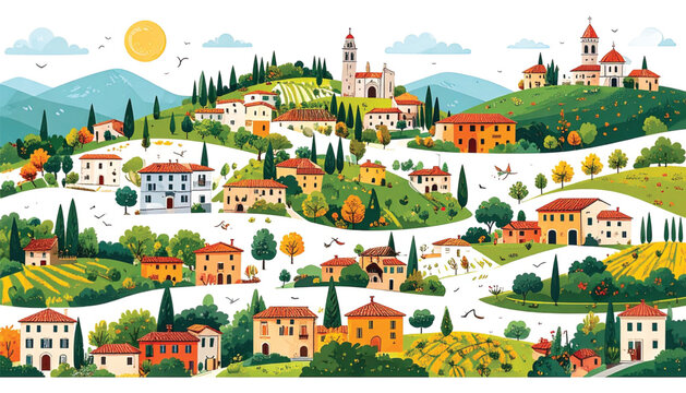 Colorful illustration of a small town.