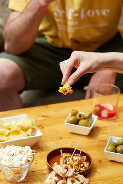 Spanish vermouth aperitif with tapas and olives at home