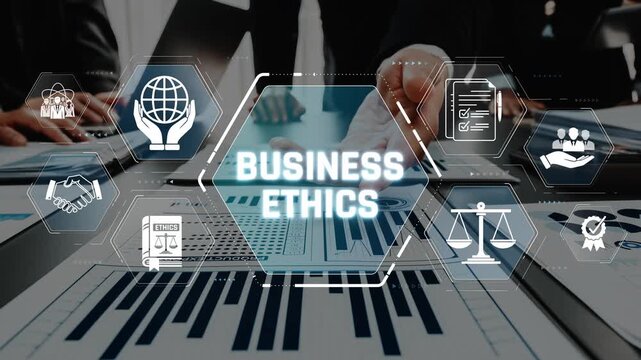 Business Ethics Concept with Charts, Icons and Hands, Illustrating Ethical Practices and Corporate Responsibility in Modern Work Environments Sigmoid