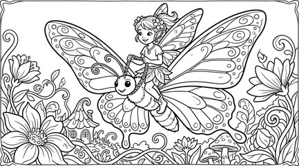 Fototapeta premium Fairy and butterfly coloring page intricate floral design for kids and adults