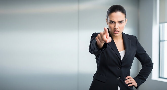 Strict female executive pointing finger forward perfect for corporate accountability and aggressive business management concepts