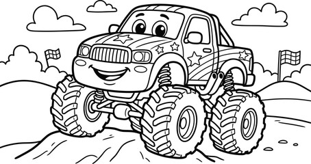 Monster truck coloring page for kids fun vehicle outline to color and activity book © monoara begum