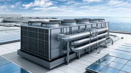 Fototapeta premium Industrial HVAC chiller unit on building roof with solar panels