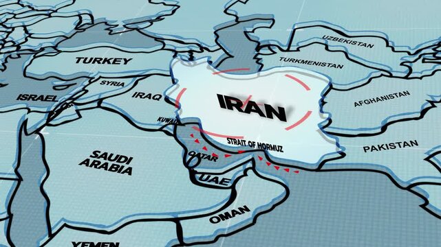 A 3D world map highlights Strait of Hormuz, and Iran, the Middle East, IRAN map, UAE map, Dubai, Strait of Hormuz,