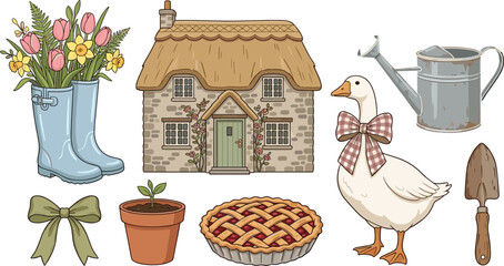 Vintage English Countryside Cottage Vector Icon Set with Goose, Tulip Wellies, Thatch Roof House, Pie, and Watering Can for Rustic Backyard Garden Designs © Ismail