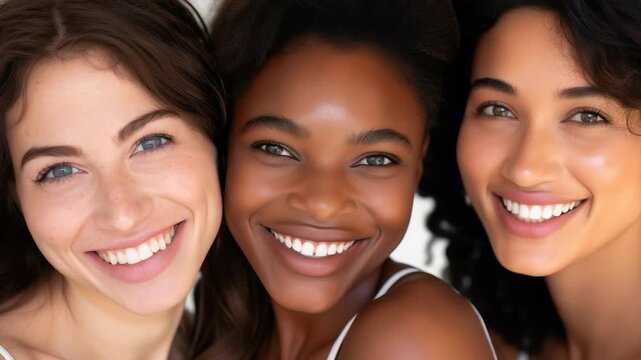 A close-up image features three smiling women with diverse skin tones, highlighting their radiant complexions and white teeth. The focus is on natural beauty and positive representation.