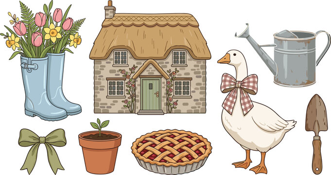 Vintage English Countryside Cottage Vector Icon Set with Goose, Tulip Wellies, Thatch Roof House, Pie, and Watering Can for Rustic Backyard Garden Designs