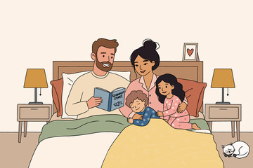  Bedtime scene of a diverse family