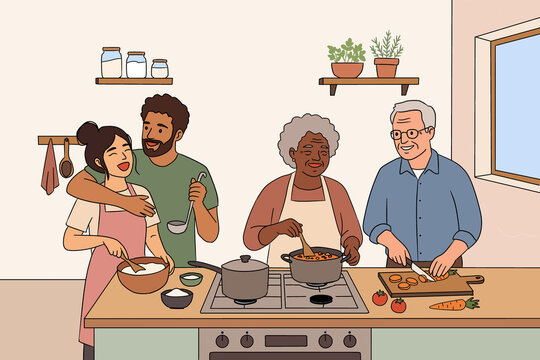 Family cooking together in a cozy kitchen
