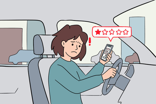 Frustrated driver using smartphone for ride review