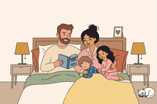  Bedtime scene of a diverse family