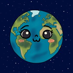 Cute Earth cartoon in starry space, kids education art