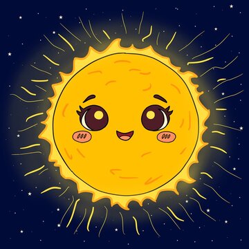 Cute sun cartoon in starry space educational illustration
