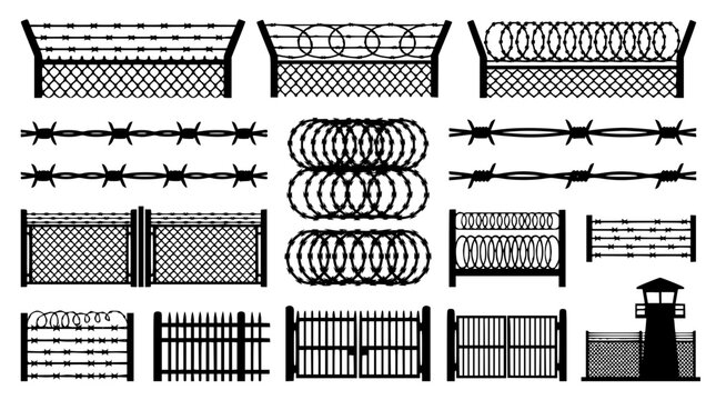 Barbed wire fence and security gate silhouettes set with razor wire coils and watchtower vector illustration