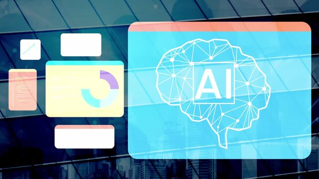 Abstract representation of artificial intelligence technology with digital graphics and modern building reflecting in the background Gluon.