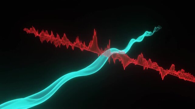 Glowing red sound wave frequency intersecting with a smooth cyan motion wave in digital video footage