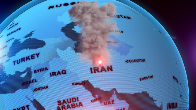 A 3D world map highlights Iran, the Middle East, IRAN map, Middle East countries, smoke, explotion,