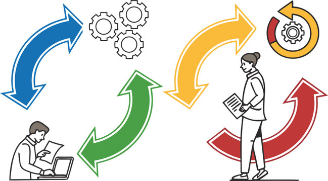 Business process automation with people and gears in a continuous improvement cycle illustration.
