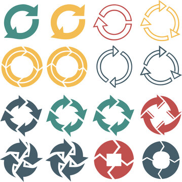 Set of cycle arrow symbols showing repeat, refresh, and circular process for various uses.