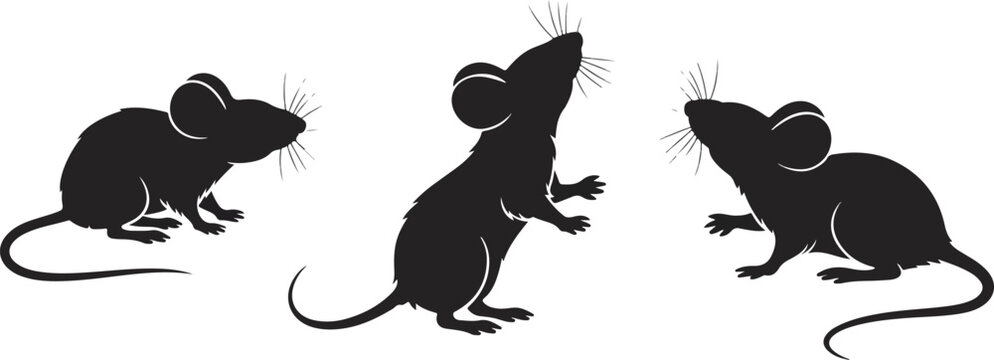 Silhouette collection of little mice in different standing and crawling poses isolated on a white background