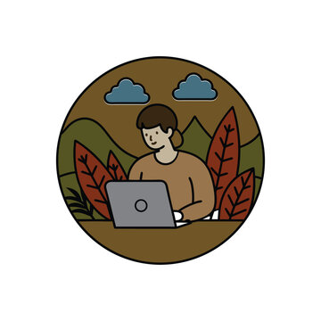 Woman with laptop trading online in nature circle vector