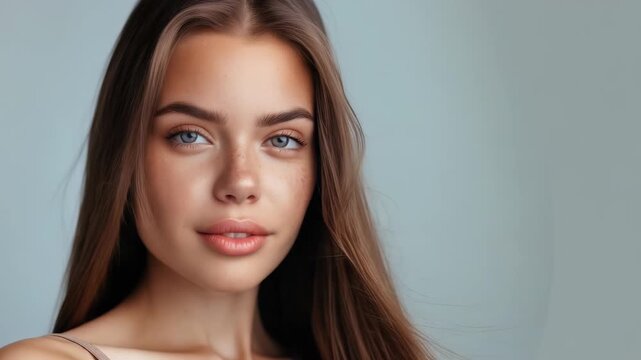 This captivating portrait features a young woman with stunning long hair and striking blue eyes, set against a soft, subtle background that elegantly highlights her natural beauty and gracefulness
