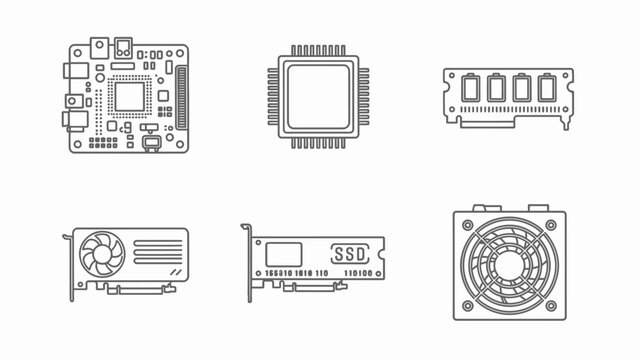 Computer Hardware Icons: CPU, RAM, GPU, SSD, PSU, Motherboard