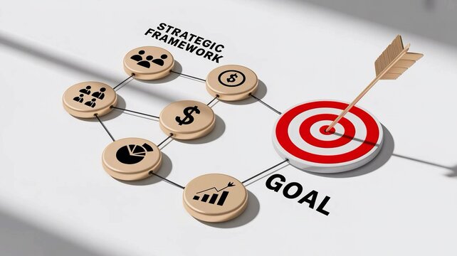A strategic framework concept with a target and various business icons on a white surface representing goal achievement and planning