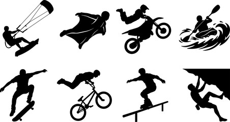 Extreme Sports and Adventure Activities Silhouette Icons Set for Outdoor Action and Adrenaline Graphic Designs © fulbabu
