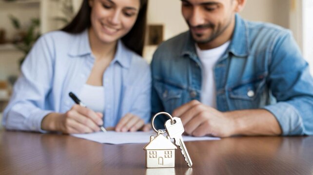 Couple signing documents for house keys on a wooden table indoors