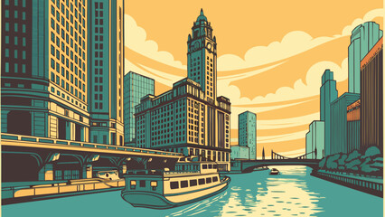 Obraz premium A serene cityscape at sunset features a boat cruising along a river with skyscrapers and a bridge in the background.