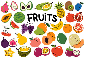 Obraz premium Vector set of ripe fruits. Cherry, grapefruit, pineapple, passion fruit, pomegranate, fig, papaya, mangosteen, durian, watermelon, star fruit, jackfruit, apricot, and peach. Exotic,juicy summer fruits
