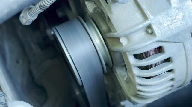 The rubber serpentine belt spins fast around the alternator pulley. Its rapid movement against the metal wheels generates a loud, steady humming sound.