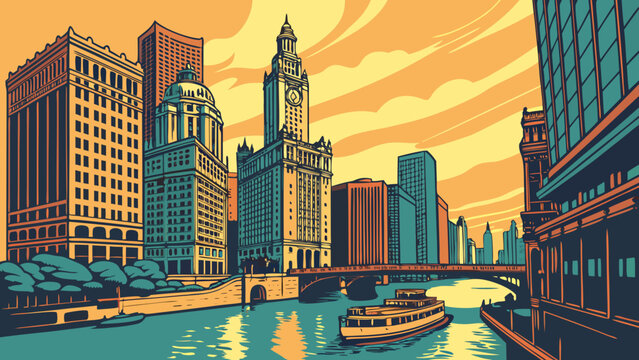 Cityscape illustration of Chicago riverfront with boat sailing past iconic buildings at sunset