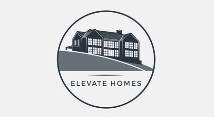 Fototapeta premium Monochrome logo with a house on a hill in a circle, ideal for real estate and home building companies, symbolizing elevation and quality living