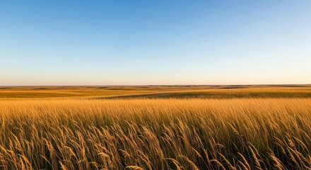 Obraz premium A vast, sweeping prairie landscape under a clear blue sky, showing tall, golden grasses stretching toward the distant, hazy horizon line, wild, tranquil, environment