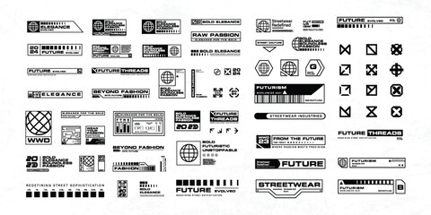 Retro futuristic industrial labels, packaging and warning symbols, fake logos, dystopian sci-fi elements. Cyberpunk decals, technical labels, product package tags, brutalism tech stickers vector set © Hasib