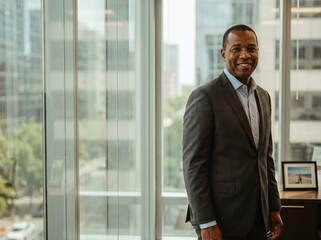 Fototapeta premium Confident African American businessman in a suit smiling in a modern office with large windows overlooking a city