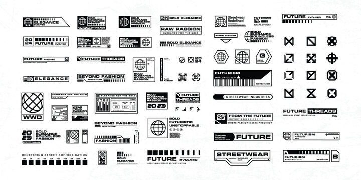 Retro futuristic industrial labels, packaging and warning symbols, fake logos, dystopian sci-fi elements. Cyberpunk decals, technical labels, product package tags, brutalism tech stickers vector set