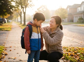 Fototapeta premium Mother helps her son adjust his backpack on a sunny autumn morning before school