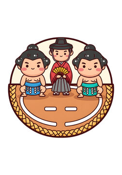 Cute kawaii sumo wrestlers and referee in a traditional Japanese dohyo ring illustration