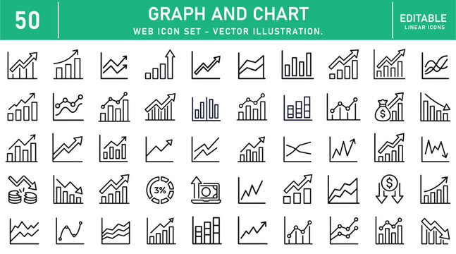 Graph And Chart icon set. Data analytics related line icons: bar chart, line graph, growth statistics, financial report, business performance and more. Editable line icons. Vector illustration.