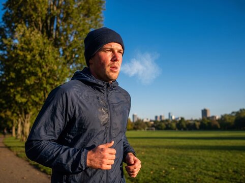 Man running in park exhaling visible breath on a cold sunny day