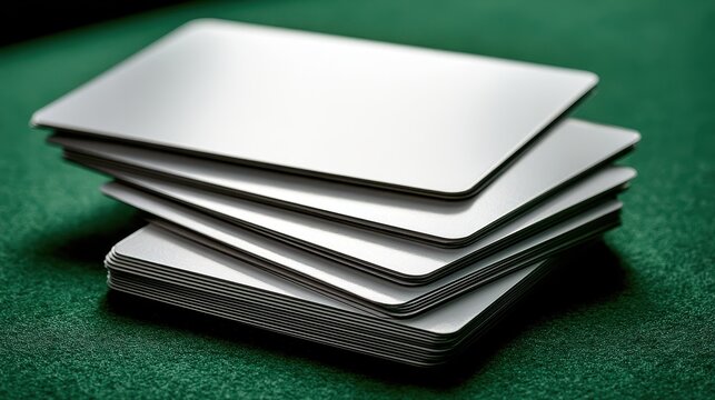 Stack of blank white playing cards on green felt poker table