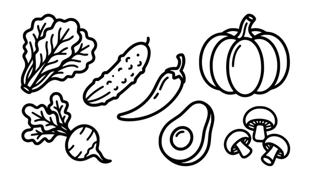 Bold outline vegetable icon collection with modern thick monoline food graphics for healthy eating menu design