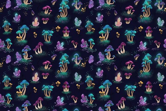 Magical seamless pattern featuring glowing mushrooms and sparkling crystals in various colors on a dark navy blue background texture