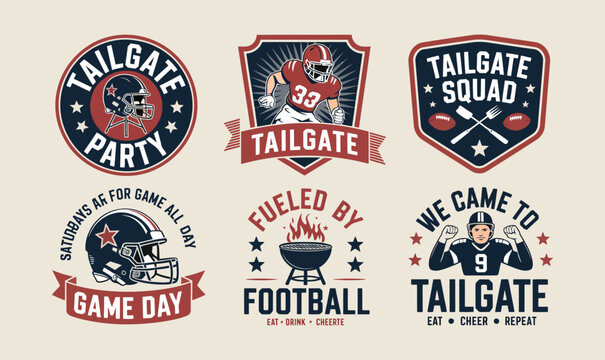 Collegiate football tailgate badges and sports emblems vector set for university apparel design